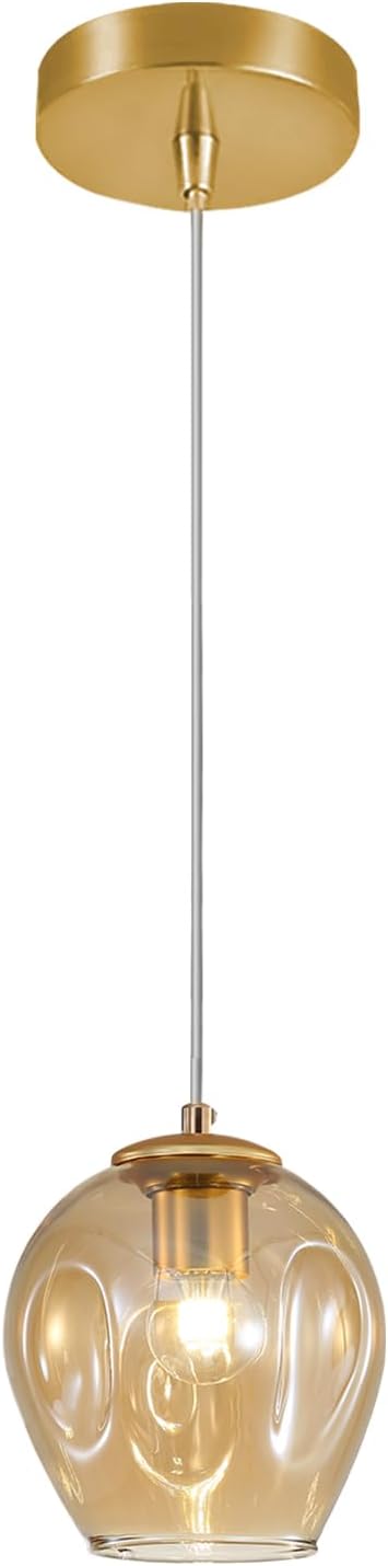 1-Light Hanging Light Fixtures Pendant Lights Kitchen Island Hand Blown Modern Glass Chandelier for Living Room Coffee Bar (Gold+Amber)