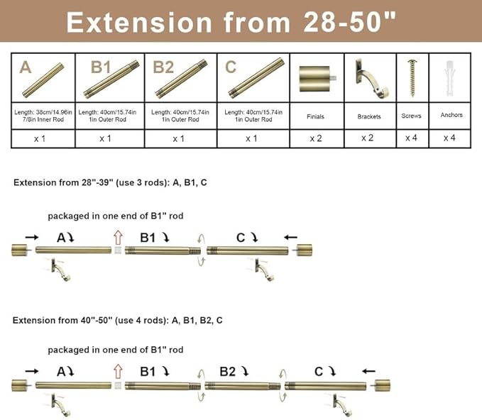Antique Bronze Curtain Rods, Splicing, Decorative with Cap Finials, Adjustable, Telescoping 28-50" Window Treatment