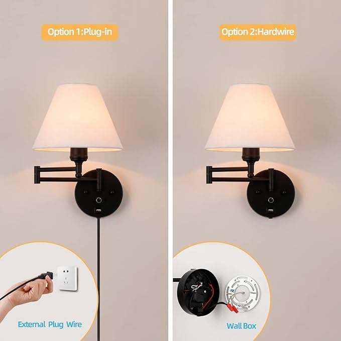 Swing Arm Wall Sconces, Plug-in Wall lamp,Bedroom Wall lamp , White Fabric Shade,,with dimmable Switch and USB Charging Port, Suitable for Bedside, Living Room, Reading (Black)