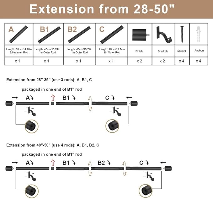 Matte Black Decorative Curtain Rods 28-50" with Cap Finials, Adjustable 1-Inch Window Treatment Rods