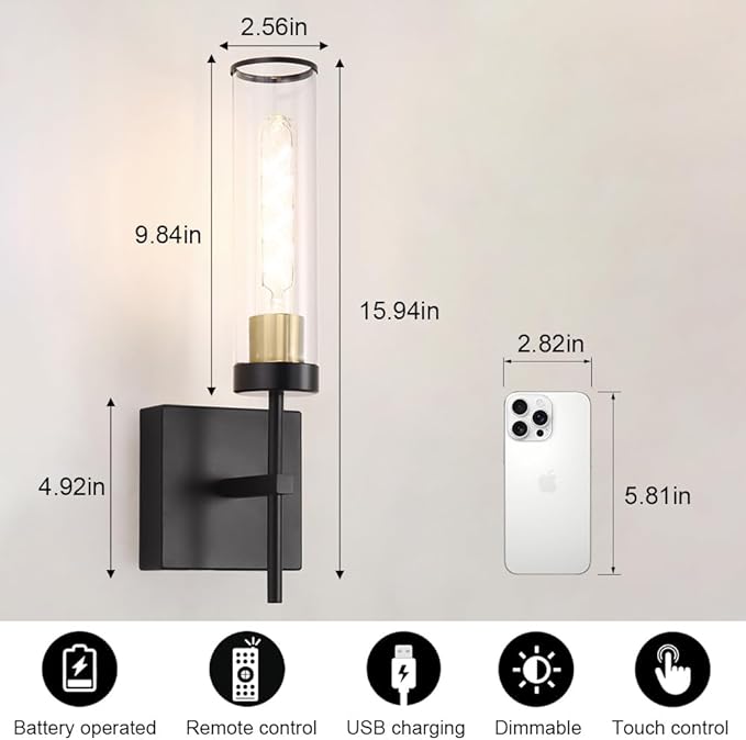 Battery Operated Wall Sconce, Black and Gold Battery Wall Sconce, Modern usb rechargeable Wall Light set of 2, Wireless Dimmable Wall Light Fixture with Remote Control, Wall Lamp with LED Bulbs(DC 5V)