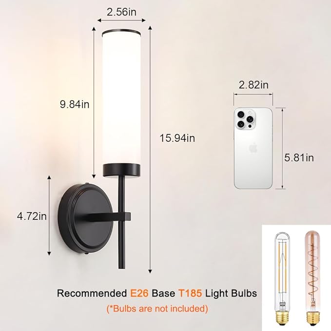 Matte Black Wall Sconces Set of 2, Modern Bathroom Sconces Wall Lighting with Opal White Glass, Vanity Light Fixtures for Bathroom, Wall Mount Lights for Living Room Bedroom Hallway, Hardwired