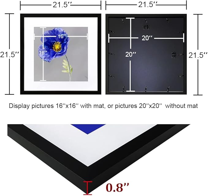 VNVNK 20x20 Frame Black, Perfect for 20x20 Inch Picture without Mat or 16x16 Inch Picture with Mat, Home Wall Decor Picture Frame-1 PCS