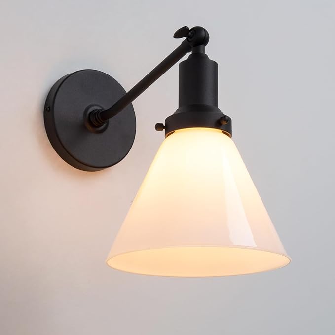 PERMO Industrial Vintage Slope Pole Wall Mount Single Sconce with Funnel Flared Milk White Glass Shade Wall Sconce Light Lamp Fixture Matte Black