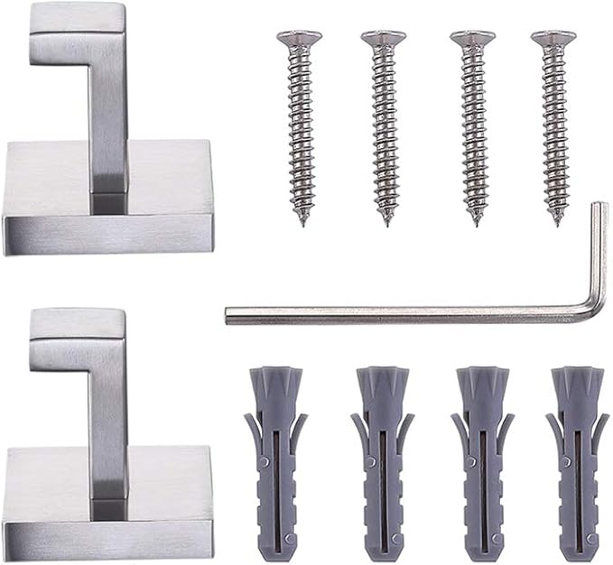 TASTOS Bath Towel Hooks Brushed Nickel, 4 Pack Stainless Steel Robe Coat and Clothes Hook, Heavy Duty Wall Hook for Bathroom & Kitchen, Modern Square Style Wall Mounted