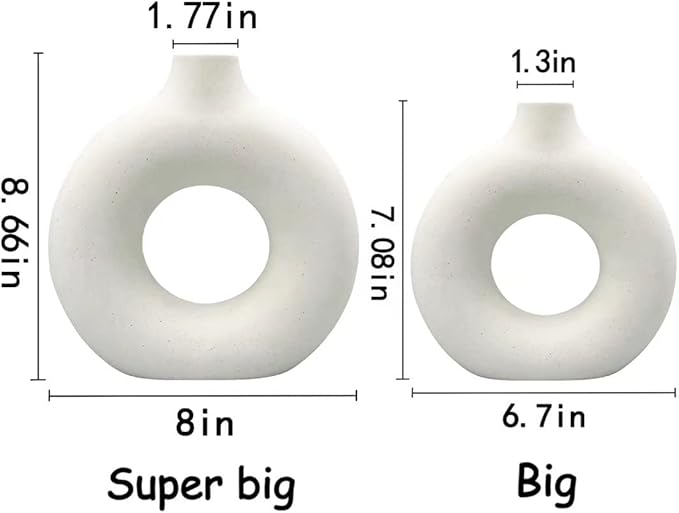 QLOFEI White Ceramic Vases Set of 2, Round Matte Modern Vase for Home Decor, Donut Ceramic Design Pampas Grass Vases for Living Room Coffee Table Decor, Boho Style for Gift