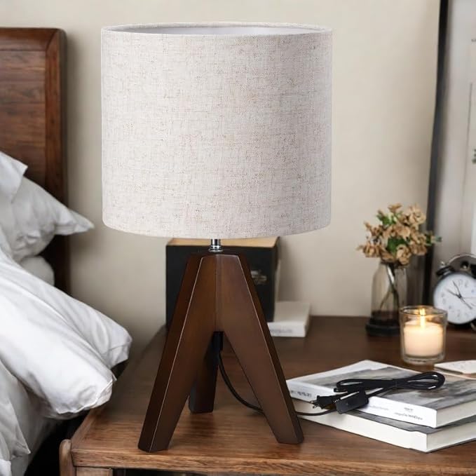 Tripod Table Lamp, Wooden Desk Lamp with Linen Beige Lampshade, 14.37 in Small Bedside Lamps, Brown Wooden E26 Base Lamps for Night Stands, Home, Office, Living Room, Dorm(Bohemian)