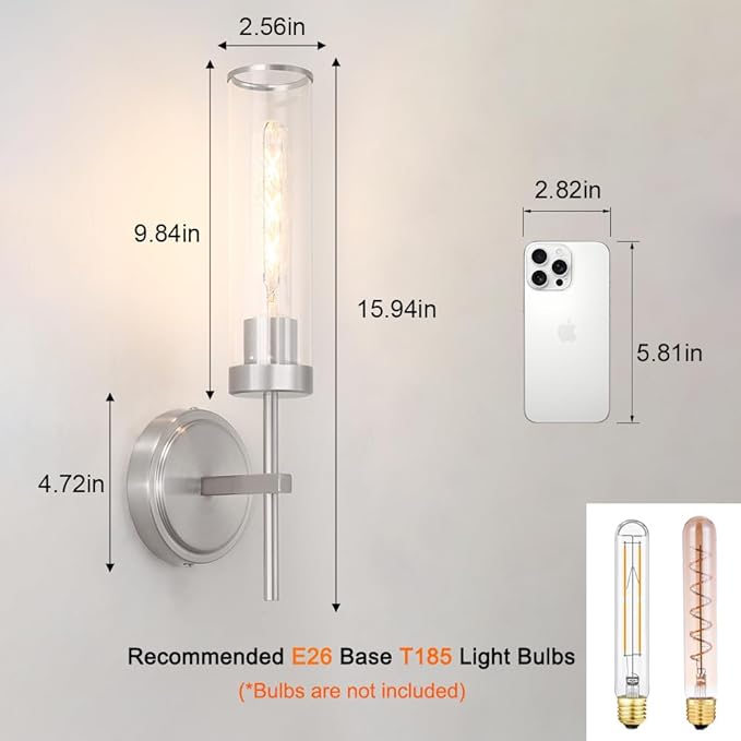 Wall Sconces Set of 2, Brushed Nickel Sconces Wall Lighting, Modern Bathroom Vanity Light Fixtures with Clear Glass, Bathroom Sconces Wall Mount Lights for Living Room Bedroom Hallway, Hardwired