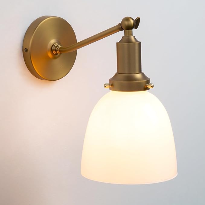 PERMO Industrial Vintage Slope Pole Wall Mount Single Sconce with 6.7" Oval Dome Milk White Glass Shade Wall Sconce Light Lamp Fixture