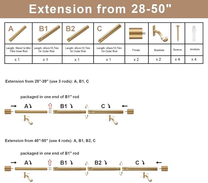 Warm Gold Decorative Curtain Rods, 28-50" Adjustable, Metal, Wall Mounted, 25 lbs Weight Capacity
