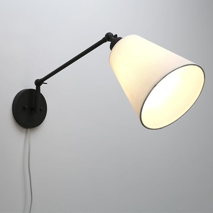 PERMO Retro Swing Arm Wall Sconce Plug in Wall Lamp Black Single Sconce with White Fabric Shade Wall Light Fixture for Bedroom Living Room Office