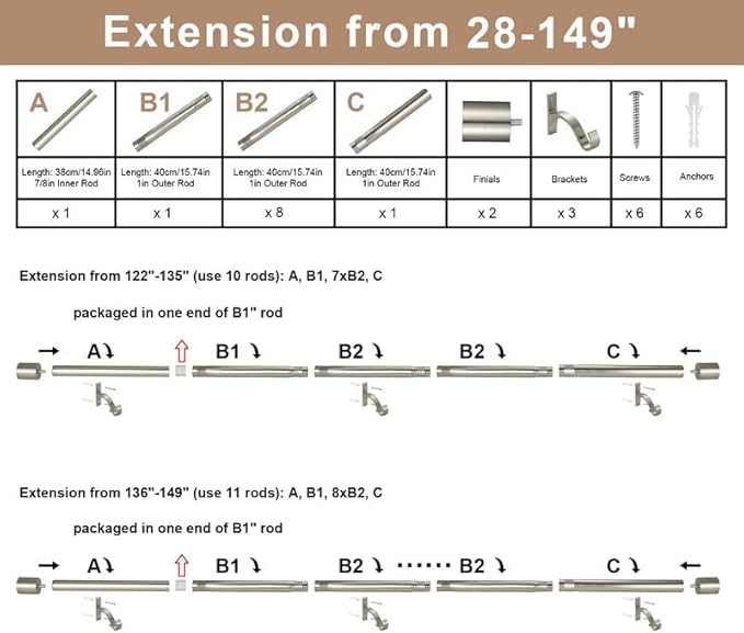 Brushed Nickel Window Curtain Splicing Rods with Cap Finials, Adjustable 1-Inch Decorative Rods