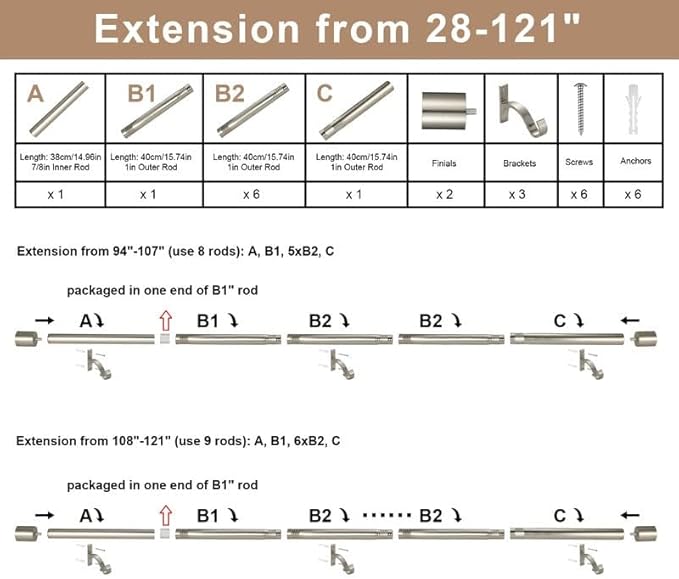 Brushed Nickel Curtain Rods 28 to 121 Inch, Heavy Duty 1-Inch Telescoping and Splicing Drapery Rods, Decorative Window Rods with Cap Finials