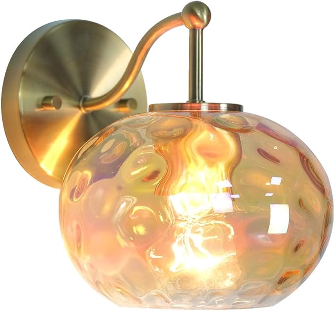 Gold Wall Sconce Light Amber Hammered Glass Vanity Lighting Brushed Brass Champagne Wall Lamp for Bathroom Over Mirror