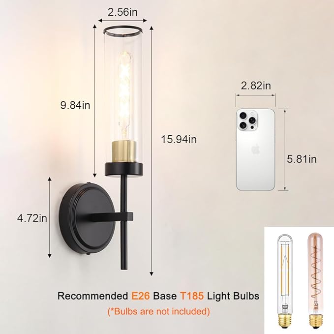 Wall Sconces Set of Two, Black and Gold Bathroom Sconces Wall Lighting with Clear Glass, Modern Sconces Wall Decor Set of 2, Farmhouse Wall Mount Lights for Mirror Bedroom Living Room Hallway Kitchen