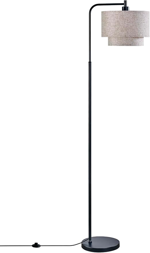 Modern Floor Lamp for Living Room Bedroom, Arc Floor Lamp with 3 Color Temperatures, Standing Lamp with Double Oatmeal Linen Lampshade, Tall Lamp with A19 12W LED Bulb, Foot Switch Control, Black