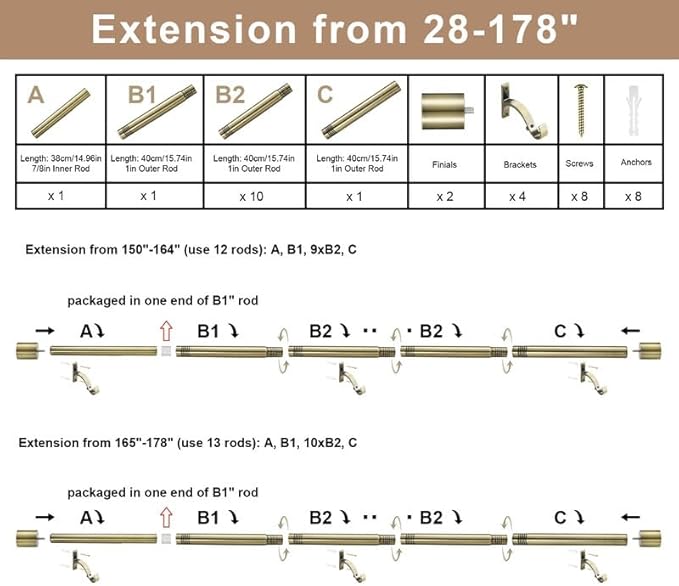 Antique Bronze Curtain Rods, 28-178" Splicing Window Treatment Rods with Cap Finials, Adjustable 1-Inch Telescoping Drapery Rods