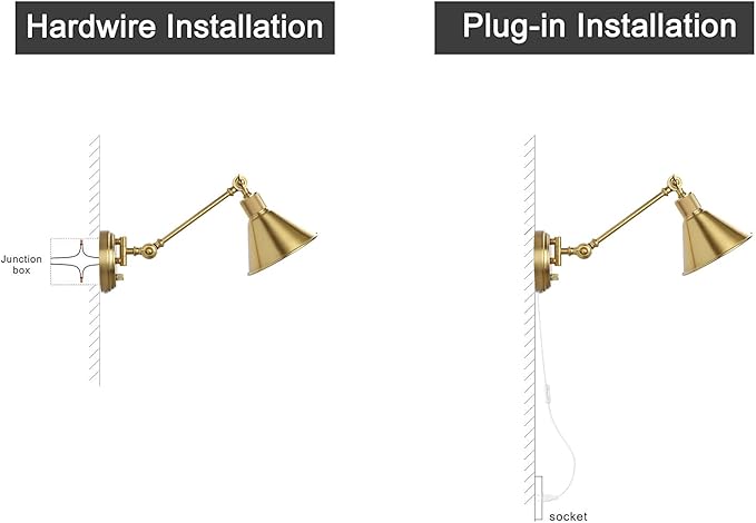 TRLIFE Wall Sconce Plug in, Dimmable Wall Sconce Brushed Brass Swing Arm Wall Lights with Plug in Cord and Dimmer On/Off Knob Switch, Wall Mounted Light for Bedside Bedroom Stairway (1 Pack, 1 Bulb)