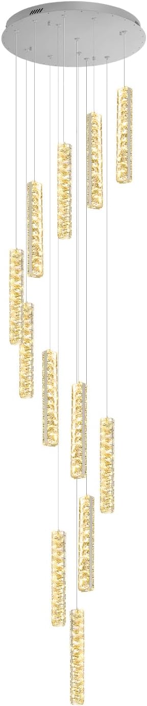 IDEQU Modern LED 120inch Long Spiral Staircase Crystal Chandelier High Ceiling Chandelier Lighting for Foyer Hallway 12-Light Silver Dimmable 2700K-6000K
