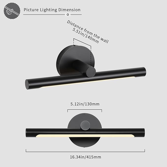 JUSHENG Black Picture Light Hard-Wired 16.34'' Inch, Modern Dimmable LED Picture Lights for Paintings Full Metal Gallery Light Wall Art Light 7W 3000K 110V AC