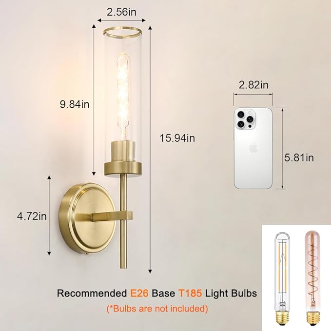 Wall Sconces Set of Two, Gold Bathroom Sconces, Modern Vanity Light Fixtures with Clear Glass, Sconces Wall Decor Set of 2, Brass Wall Mount Lights for Living Room Corridor Mirror Bedroom Stairs