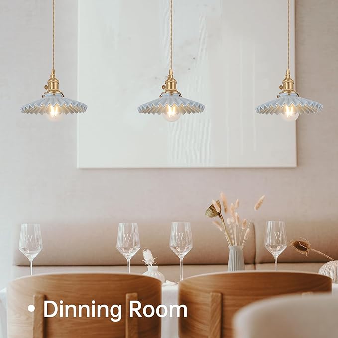 Pendant Light with Blue Pleated Ceramic Lmapshade, Brass Vintage Pendant Light Adjustable Hanging Light for Kitchen Island Dining Room Hallway