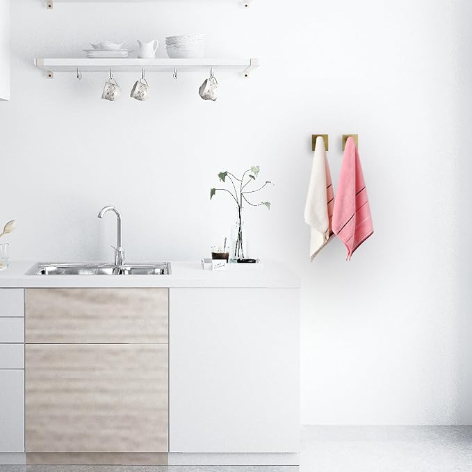 TASTOS Bath Towel Hooks Brushed Gold, 4 Pack Stainless Steel Robe Coat and Clothes Hook, Heavy Duty Wall Hook for Bathroom & Kitchen, Modern Square Style Wall Mounted…