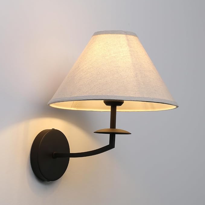 Pathson Hardwired Fabric Wall Sconce Linen Big Cone Lampshade, Vintage Wall Vanity Light Fixture Curved Arm Upwards Install, Indoor Bedside Lamp Decor for Living Room, Bathroom, Kitchen, Foyer