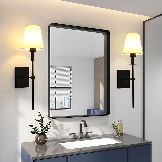 Wall Lamps for Bedrooms Set of 2, Black Retro Wall Mounted Bedside Lamps Sconces Lighting with Fabric Shade for Bedroom Living Room Corridor Kitchen