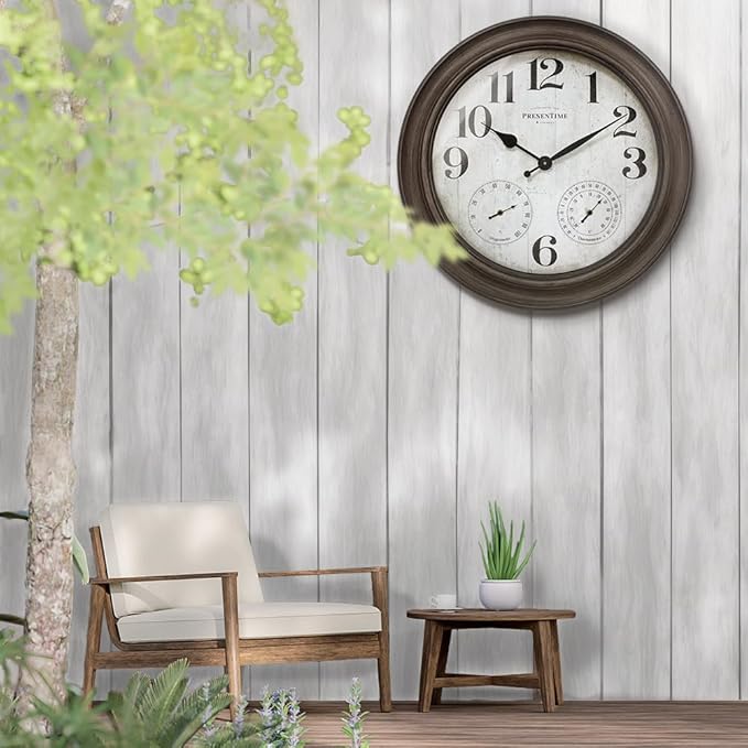 Presentime & Co. 26" Clifton in/Outdoor Farmhouse Clock with Thermometer & Hygrometer as All in One Weather Station, Farmhouse Wall Art and Timepiece for Home Decoration, Grey Oak Finish