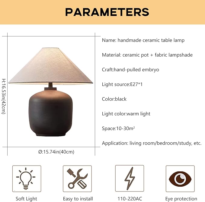 PURESILKS Modern Minimalist Table Lamps, Rustic Farmhouse Ceramic Table Lamp, 16.53" Tall Desk Lamp with Off-Black Linen Drum Lampshade Decor for Living Room Bedroom Bedside Nightstand (Black)