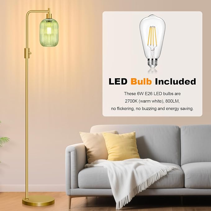 【Upgraded】 Dimmable Glass Floor Lamp for Living Room, Modern Gold Standing Lamp with Green Ribbed Glass Lampshade & Knob Dimmer, Arc Tall Lamp for Bedroom Office Reading Room, 2700K Led Bulb Included