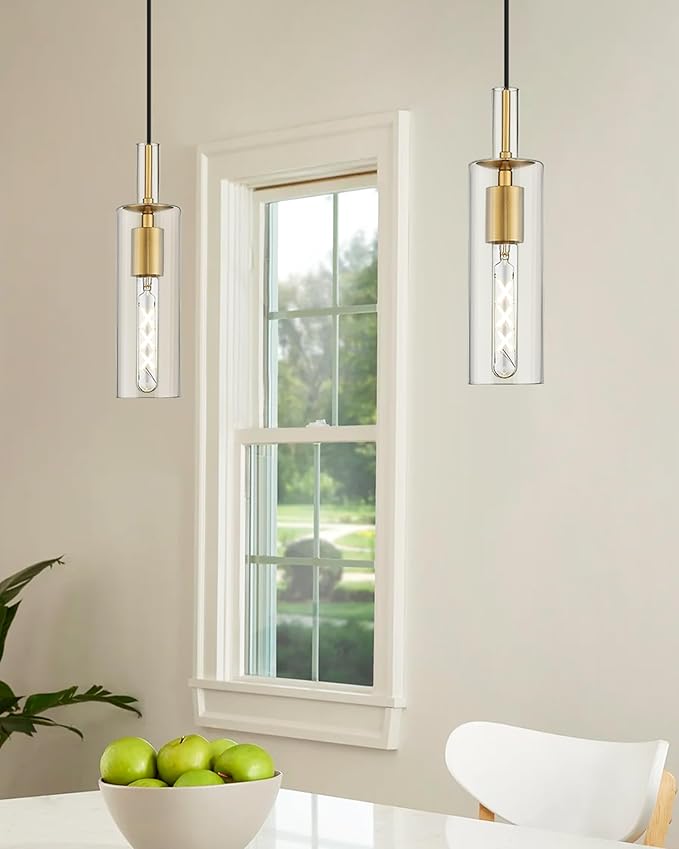 AUTELO 1-Light Pendant Lights Kitchen Island - Gold Pendant Light Fixtures, Vintage Hanging Lamp in Metal Finish with Clear Linear Glass, Kitchen Pendant Lighting over Island for Dining Room, H3875 BG