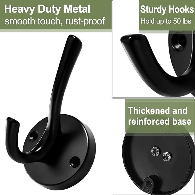Black Wall Hooks Towel Hooks, 3 Pack Coat Hooks Robe Hook Heavy Duty Metal Double Bath Hook Wall Mounted, Hand Towel Hooks for Entryway Bathroom Kitchen Closet Garage