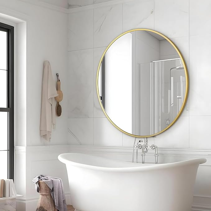 Gold Round Mirror 30 Inch Circle Mirror Bathroom Mirror Large Round Mirrors Brushed Metal Frame Anti-Rust Tempered Glass for Bathroom Bedroom Entryway Living Room