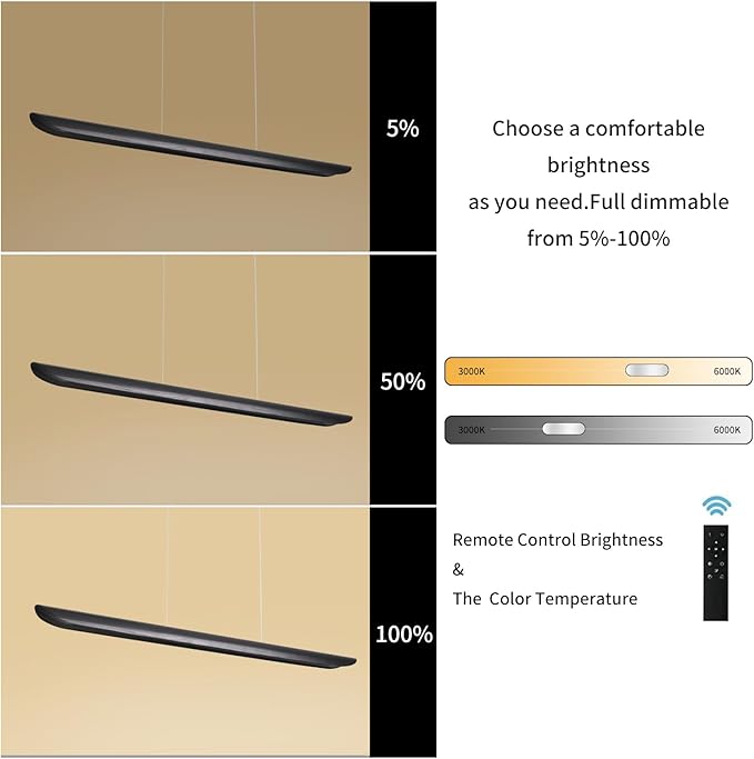 55" Modern LED Linear Pendant Light,Dimmable Kitchen Island Light 40W LED lsland Lights for Kitchen,Adjustable Linear Chandelier for Dinning Room Light Fixture, Bar, Pool Table Light Black Wood Finish