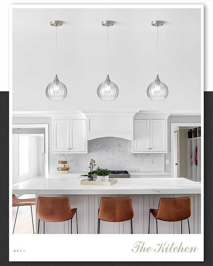 Brushed Nickel Pendant Lights Kitchen Island, Globe Pendant Light Fixtures with 8 Inch Clear Glass Shade, Modern Hanging Light Fixtures for Kitchen, Bedroom (1 Pack - Clear Glass Pendant Light)