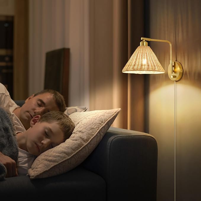 Rattan Plug in Wall Sconce Set of 2, Gold Wall Lamps with Plug in Cord and Dimmer, Hand Woven Boho Sconces Swing Arm Wall Mount Light Fixture Beside Lighting for Bedroom, Living Room