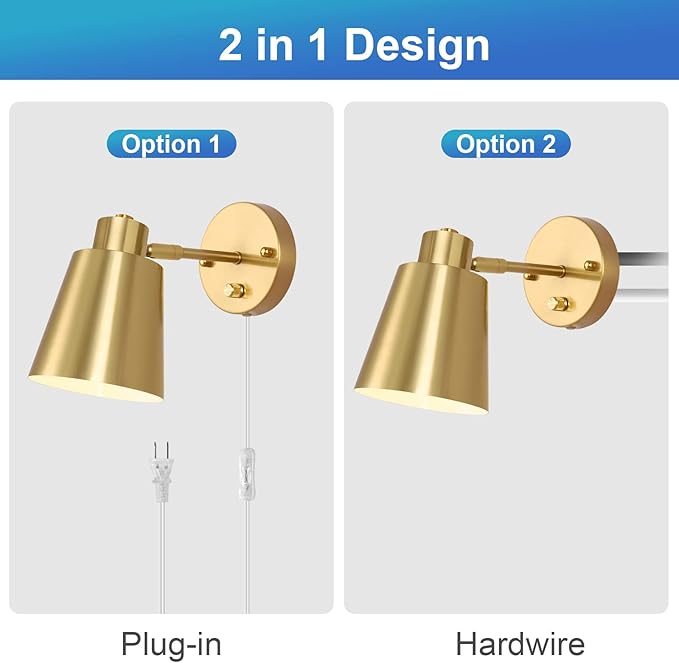 Plug in Wall Sconces, Dimmable Wall Sconces Adjustable Angle Wall Lights with Plug in Cord and Dimmer On/Off Knob Switch, Gold Wall Mounted Light for Bedroom Bedside Stairway(2 Pack, 2 Bulbs)