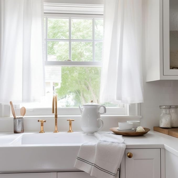 YoungsTex Short White Linen Curtains 45 Inch Length 2 Panels for Window, Semi Sheer Drapes Light Filtering with Rod Pocket Back Tab Lightweight for Cafe Kitchen Bathroom, 42 X 45 Inch