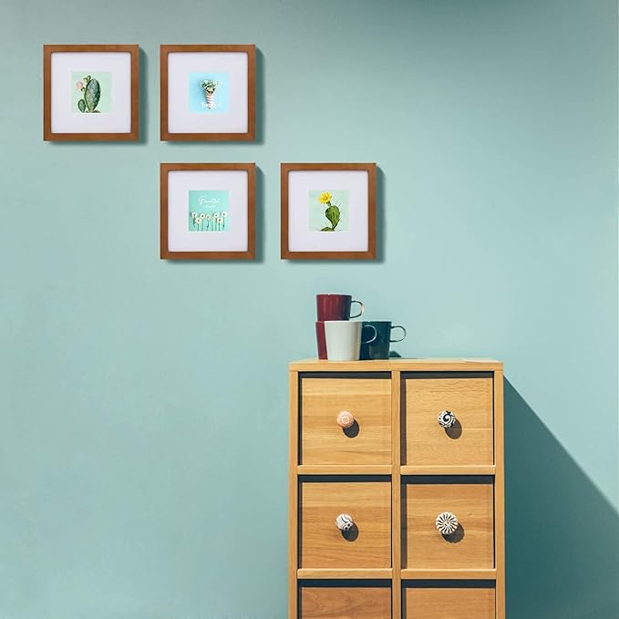 Egofine 8x8 Picture Frames 4 Pack Covered by Plexiglass, for Picture 4x4 with Mat or 8x8 whitout Mat Made of Solid Wood for Table Top Display and Wall Mounting Photo Frame, Light Brown