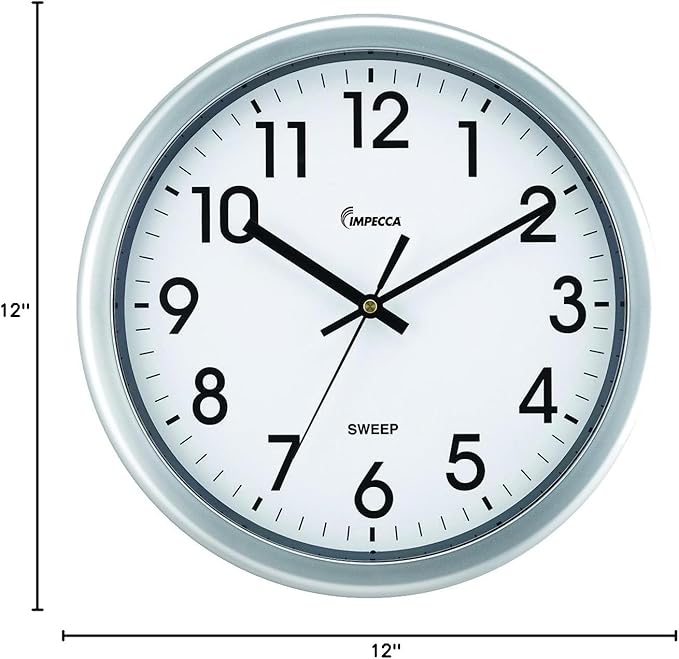 Impecca 12" Silent Wall Clock Non Ticking Sweep Movement, Metallic Silver (Metallic Silver)