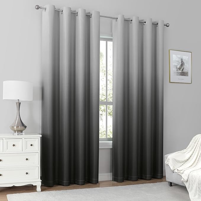 HOMEIDEAS Grey 100% Ombre Blackout Curtains for Bedroom, 52 X 84 Inches Long Room Darkening Gradient Light Blocking Thermal Insulated Grommet Drapes for Living Room, 2 Panels