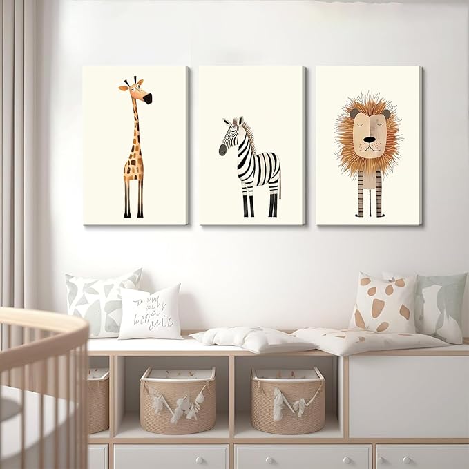 Safari Nursery Wall Art Baby Animal Canvas Wall Decor Cute Giraffe Lion Zebra Jungle Pictures Prints Posters for Baby Boy Girl Children's Room Bedroom Home Decorations 12x16inx3 Framed