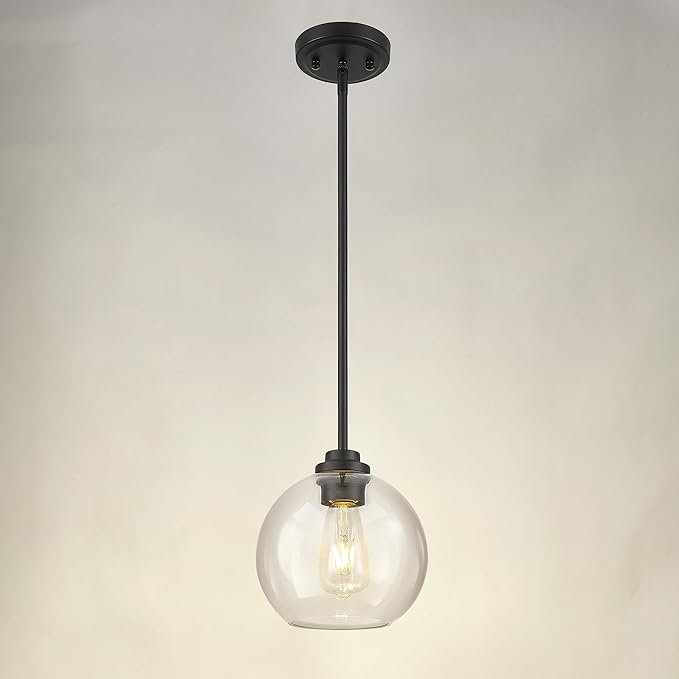 8 inch Matte Black Pendant Light, Mid Century Globe Haning Light Fixture Ceiling with Clear Glass for Kitchen Island Dining Room Bedroom Hallway Foyer (1 Pack), PL101BK-L