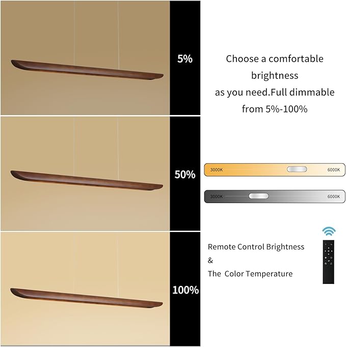 39" Wood Linear Pendant Light Modern Dimmable Kitchen Island Lighting with Remote 24W LED Island Lights Adjustable Linear Chandelier for Dinning Room Light Fixture, Bar, Pool Table Light Walnut Color
