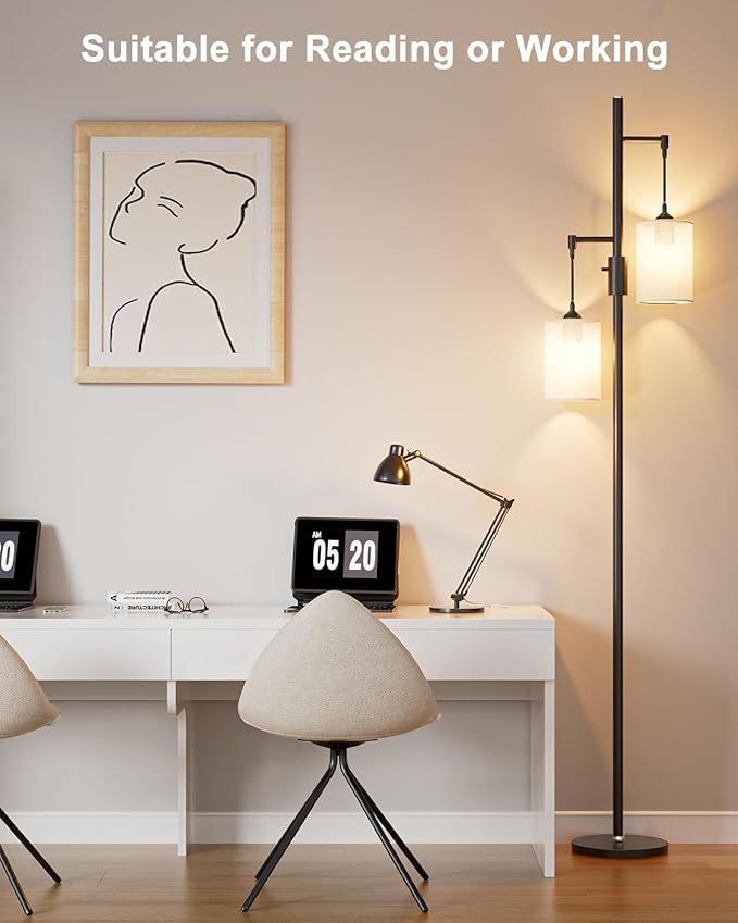 65IN Dimmable (Brightness Adjustable) Tree Floor Lamp, Mid Century Tall Standing Lamps with 2 E26 3000K LED Bulbs, Fabric Shades, Industrial Modern Floor Lamp for Living Room Bedroom