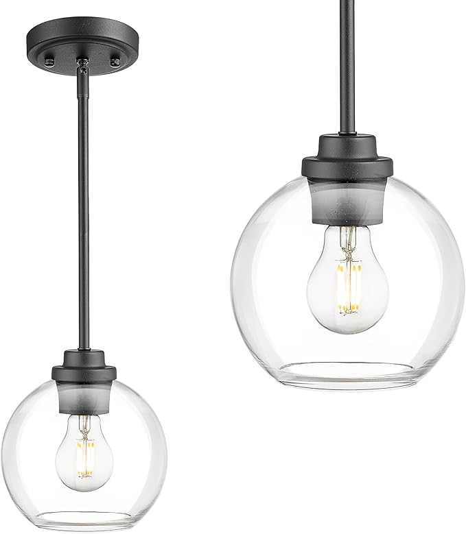 Matte Black Pendant Light, Mid Century Globe Haning Light Fixture Ceiling with Clear Glass for Kitchen Island Dining Room Bedroom Hallway Foyer (1 Pack), PL101BK