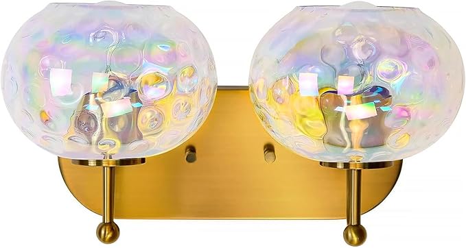 Brushed Gold Vanity Light Stained Hammered Glass Wall Sconce 2-Light Brass Wall Lamp for Hallway Living Room Stairwell Bathroom Over Mirror (Brass Gold, 2-Light)