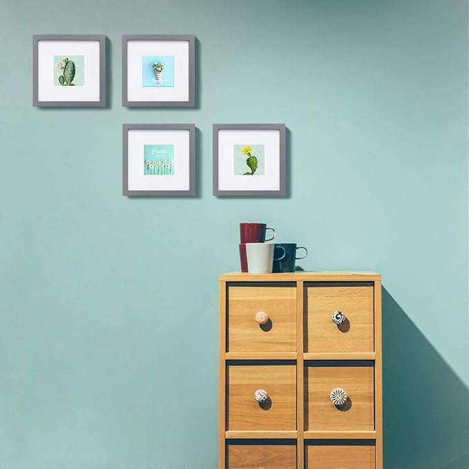 Egofine 8x8 Picture Frames 4 Pack for Picture 4x4 with Mat or 8x8 whitout Mat Made of Solid Wood Covered by Plexiglass for Table Top Display and Wall Mounting Photo Frame, Dark Gray